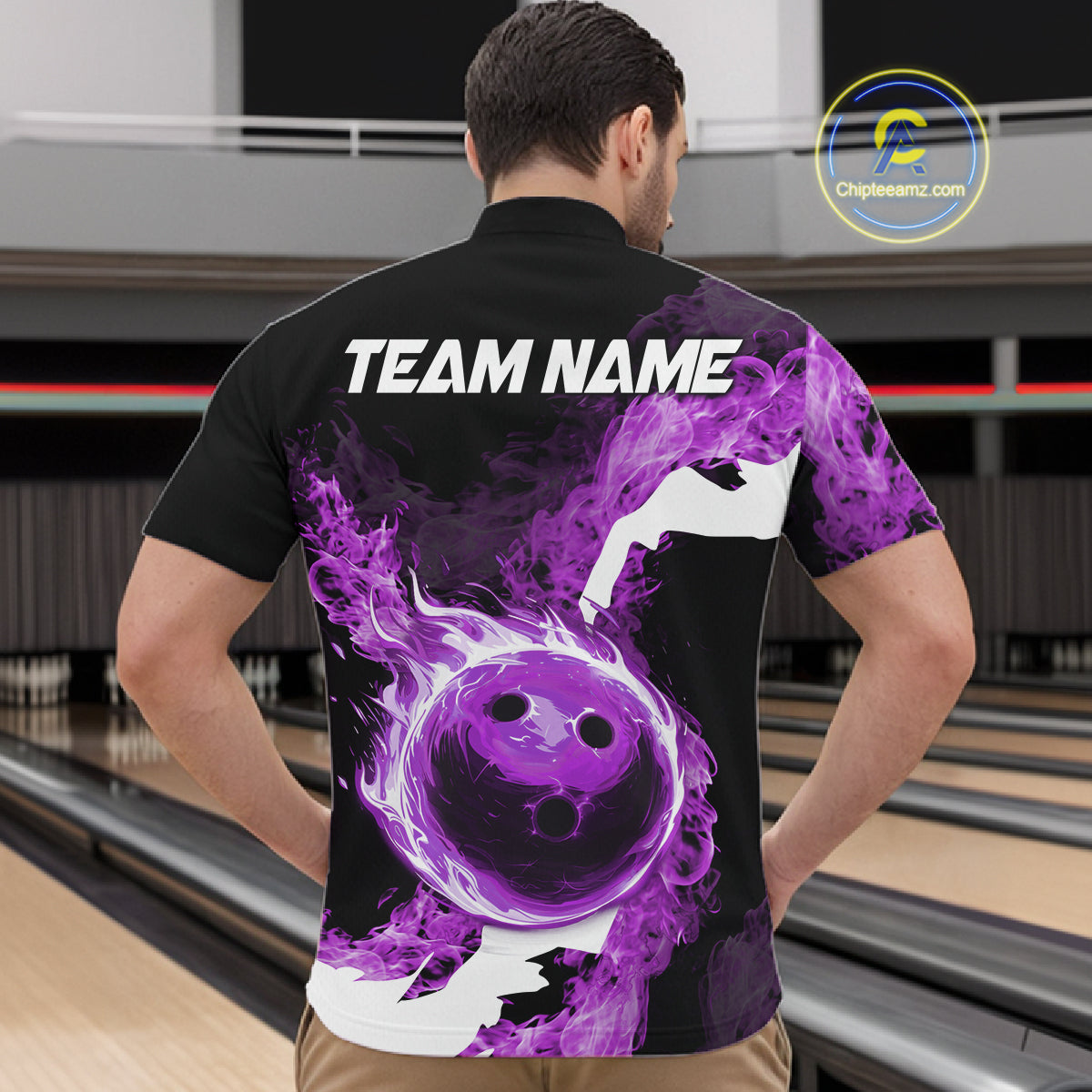 Purple Flame Fire Bowling Shirts for Men Custom Bowling Team Jersey Bowling Polo & Quarter-Zip Shirts NQS11753