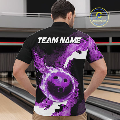 Purple Flame Fire Bowling Shirts for Men Custom Bowling Team Jersey Bowling Polo & Quarter-Zip Shirts NQS11753