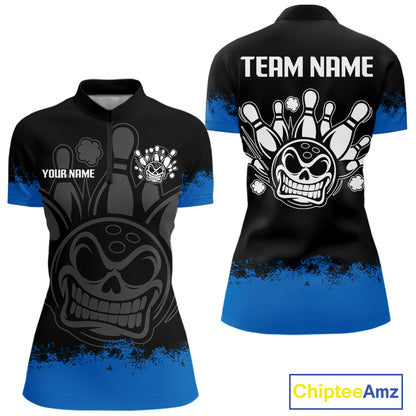 Black and Blue Funny Bowling Polo, Quarter Zip Shirt for Women Custom Bowling Team Jersey NQS9982
