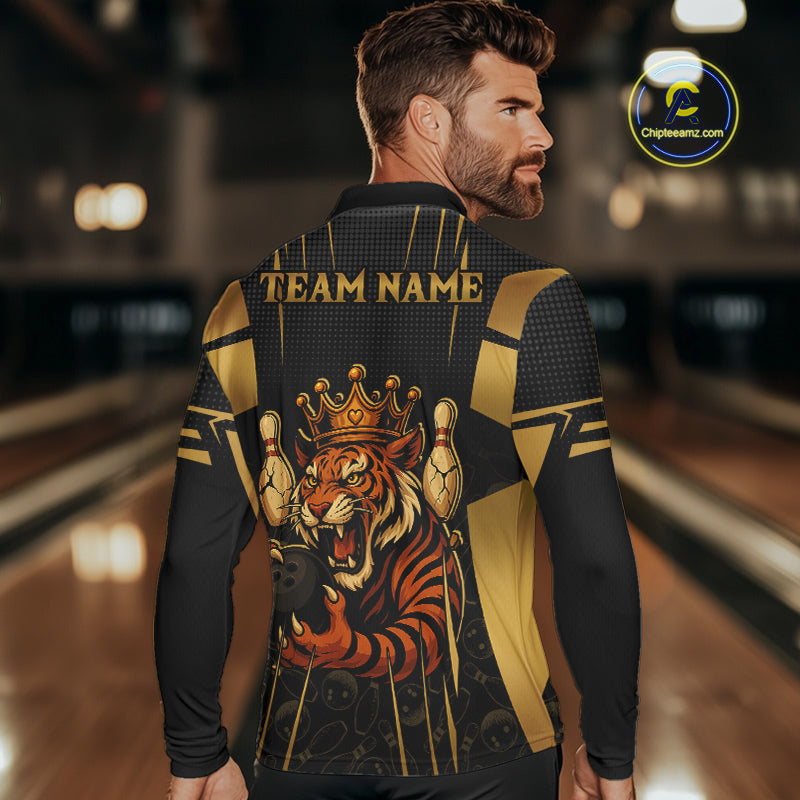 Personalized Black and Gold Tiger Bowling Shirt For Mens Custom Team bowling jerseys, gift for Bowler NQS10474