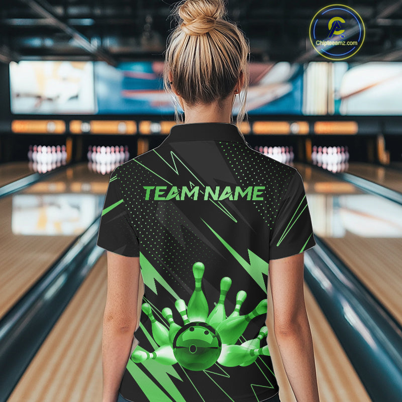 Custom Black and Green Bowling Polo, Quarter Zip Shirts for Women, Team Bowling League Jersey NQS10893