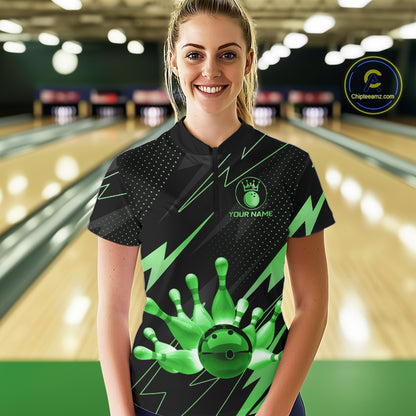 Custom Black and Green Bowling Polo, Quarter Zip Shirts for Women, Team Bowling League Jersey NQS10893