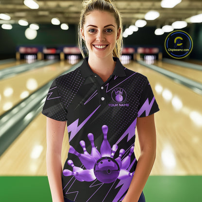 Custom Black and Purple Bowling Polo, Quarter Zip Shirts for Women, Team Bowling League Jersey NQS10894