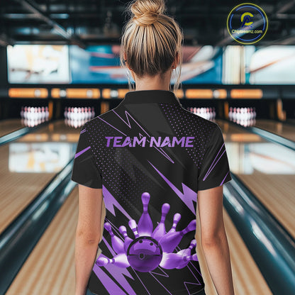 Custom Black and Purple Bowling Polo, Quarter Zip Shirts for Women, Team Bowling League Jersey NQS10894