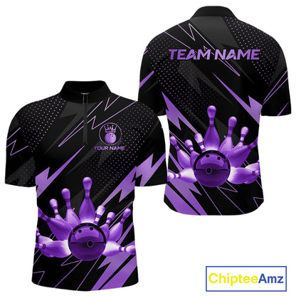 Custom Black and Purple Bowling Polo, Quarter Zip Shirts for Men, Team Bowling League Jersey NQS10894