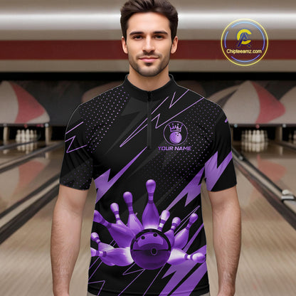 Custom Black and Purple Bowling Polo, Quarter Zip Shirts for Men, Team Bowling League Jersey NQS10894