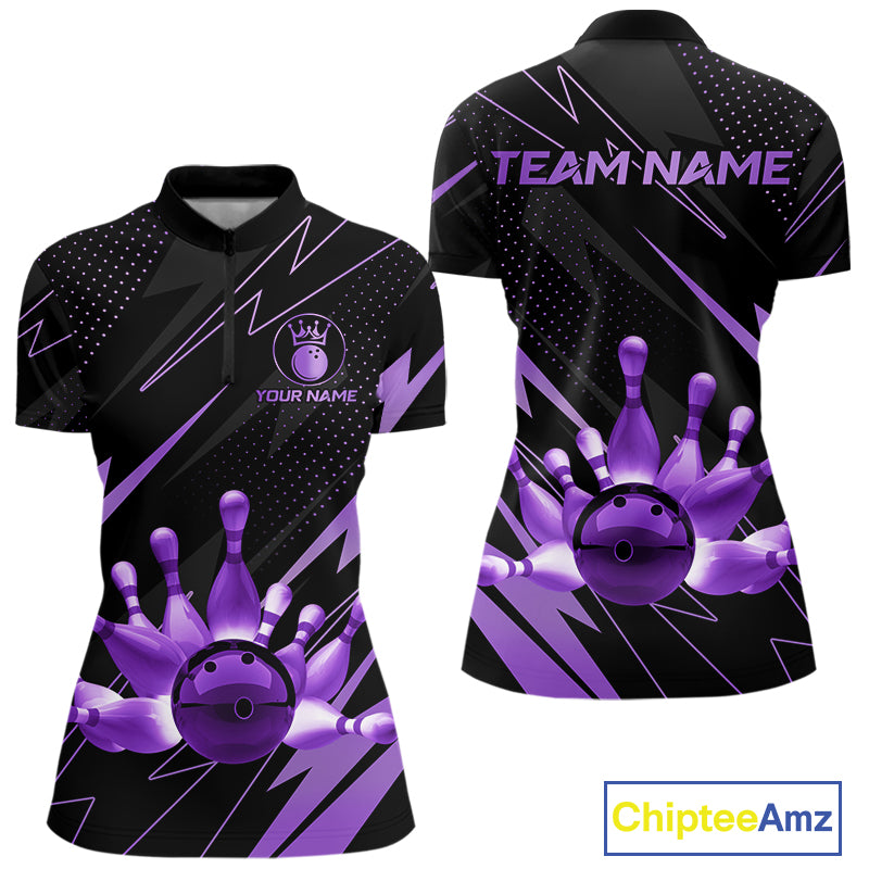 Custom Black and Purple Bowling Polo, Quarter Zip Shirts for Women, Team Bowling League Jersey NQS10894