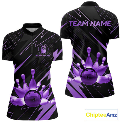Custom Black and Purple Bowling Polo, Quarter Zip Shirts for Women, Team Bowling League Jersey NQS10894