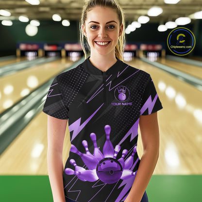 Custom Black and Purple Bowling Polo, Quarter Zip Shirts for Women, Team Bowling League Jersey NQS10894
