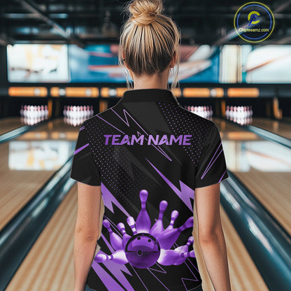 Custom Black and Purple Bowling Polo, Quarter Zip Shirts for Women, Team Bowling League Jersey NQS10894