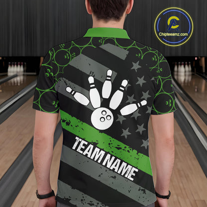 Black American flag Men bowling shirts Custom bowling camo Team Jerseys, gift for Bowlers | Green NQS10896