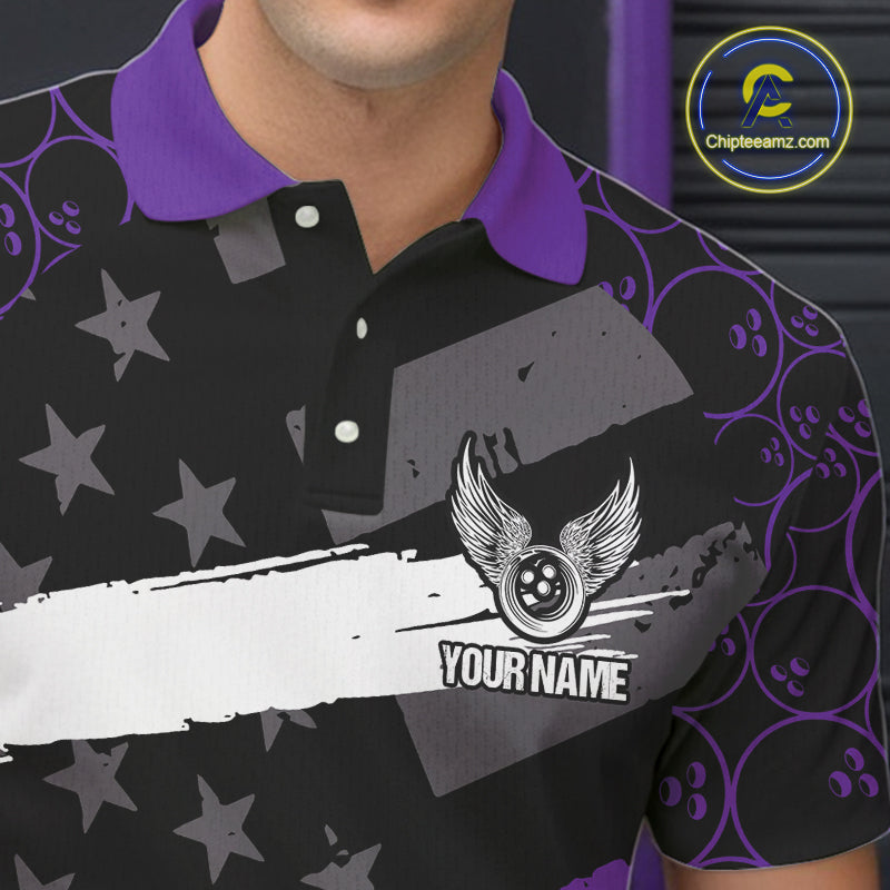 Black American flag Men bowling shirts Custom bowling camo Team Jerseys, gift for Bowlers | Purple NQS10897