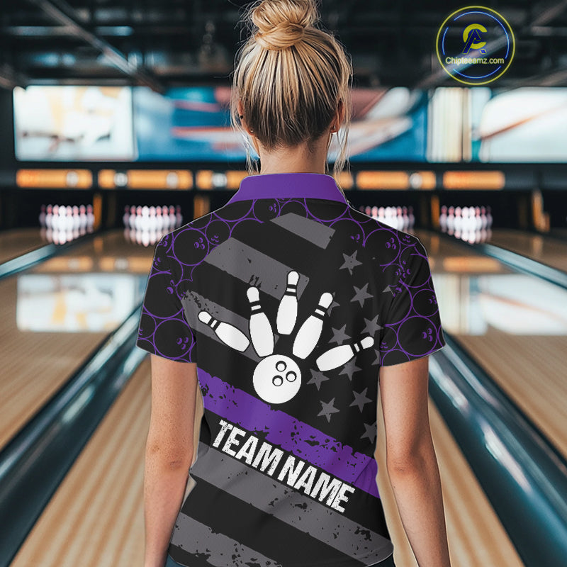 Black American flag Women bowling shirts Custom bowling camo Team Jerseys, gift for Bowlers | Purple NQS10897