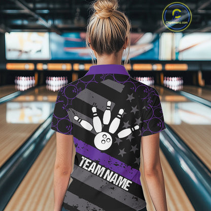 Black American flag Women bowling shirts Custom bowling camo Team Jerseys, gift for Bowlers | Purple NQS10897