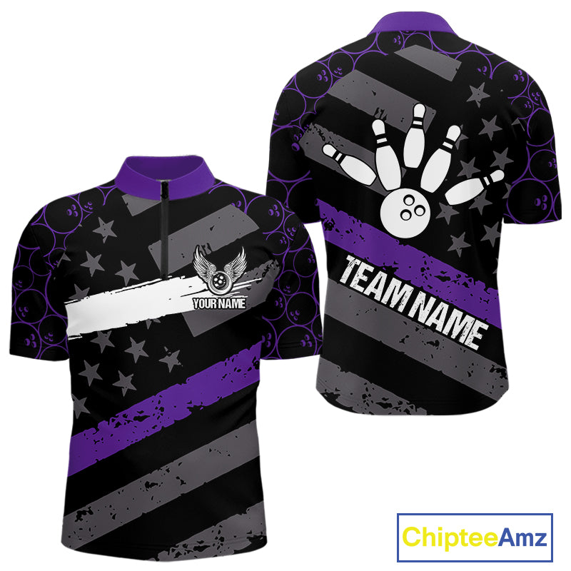 Black American flag Men bowling shirts Custom bowling camo Team Jerseys, gift for Bowlers | Purple NQS10897