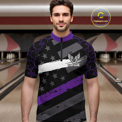 Black American flag Men bowling shirts Custom bowling camo Team Jerseys, gift for Bowlers | Purple NQS10897