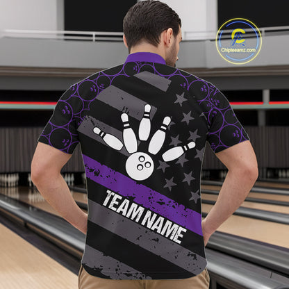 Black American flag Men bowling shirts Custom bowling camo Team Jerseys, gift for Bowlers | Purple NQS10897