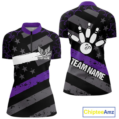 Black American flag Women bowling shirts Custom bowling camo Team Jerseys, gift for Bowlers | Purple NQS10897