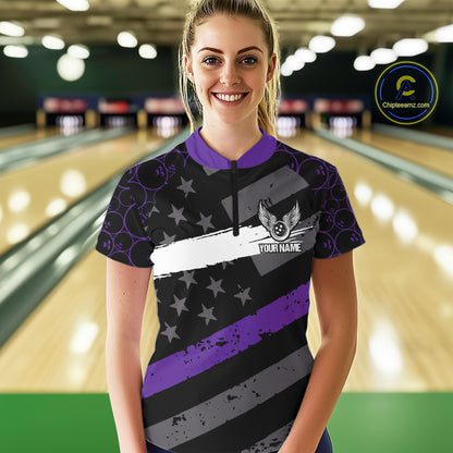 Black American flag Women bowling shirts Custom bowling camo Team Jerseys, gift for Bowlers | Purple NQS10897