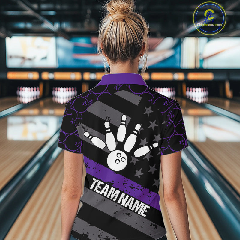 Black American flag Women bowling shirts Custom bowling camo Team Jerseys, gift for Bowlers | Purple NQS10897