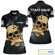 Load image into Gallery viewer, Personalized Black American Flag Skull Bowling Shirt For Women Custom Team's Name Skull Bowler Jersey NQS11082