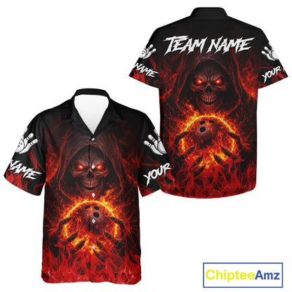 Black And Red Flame Skull Reaper hawaiian bowling shirts, Personalized button up bowling shirts NQS11491
