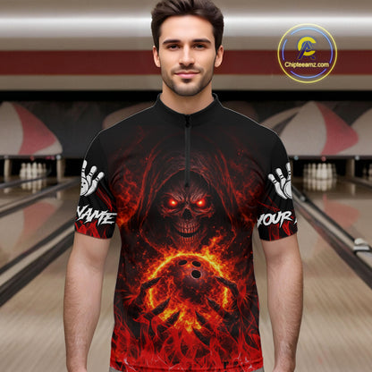 Black And Red Flame Skull Reaper Men's Bowling Shirts, Personalized bowling outfit men bowling jersey NQS11491