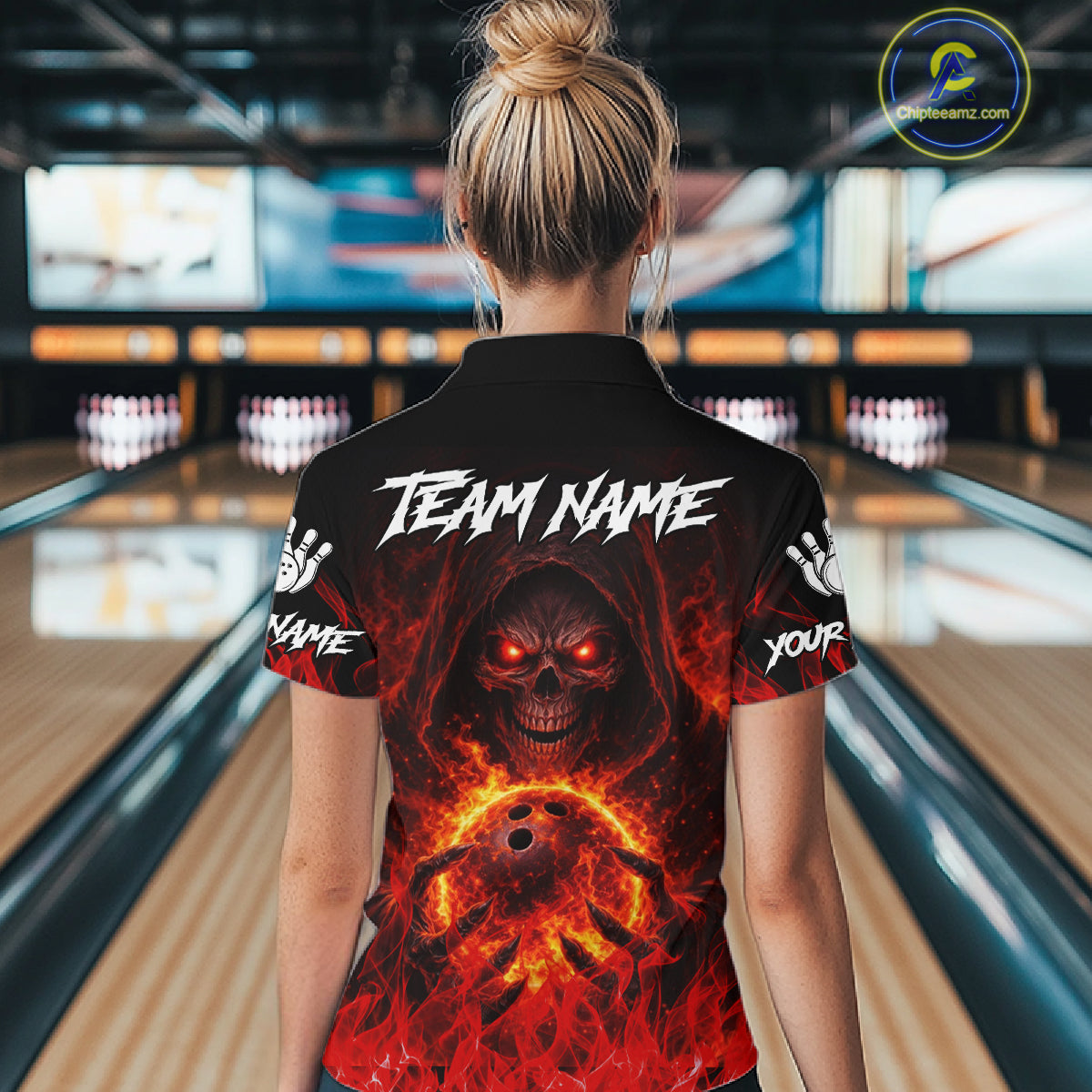 Black And Red Flame Skull Reaper Womens bowling shirt, Personalized Bowling Jerseys Women NQS11491
