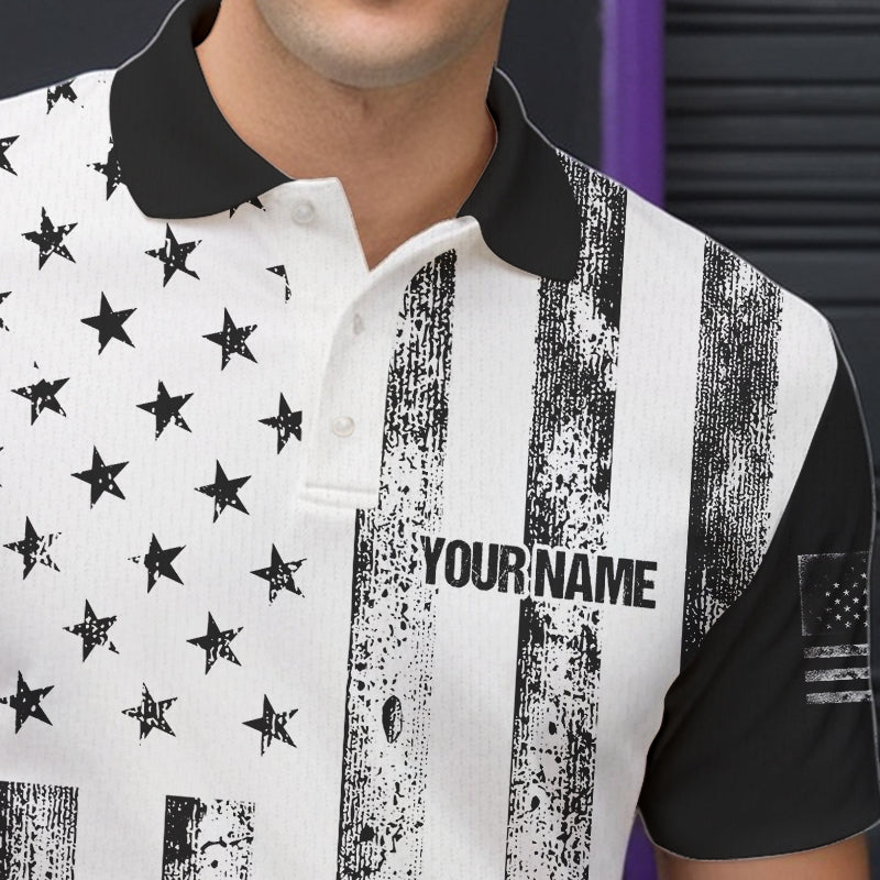 Personalized Black and White American Flag Retro Bowling shirts for Men, Patriotic Bowling Team Jersey NQS9567