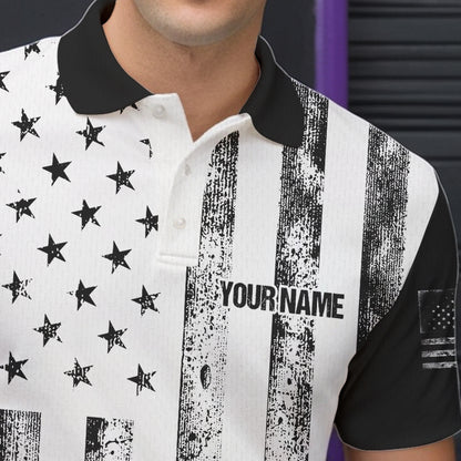 Personalized Black and White American Flag Retro Bowling shirts for Men, Patriotic Bowling Team Jersey NQS9567
