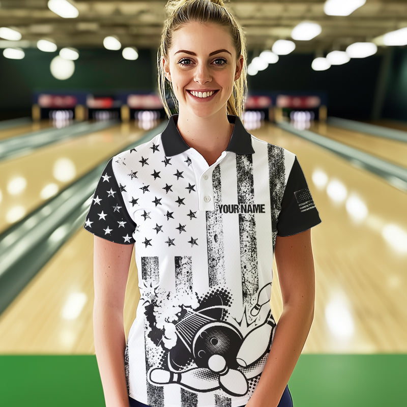 Personalized Black & White American Flag Retro Bowling shirt for Women, Patriotic Bowling Team Jersey NQS9567