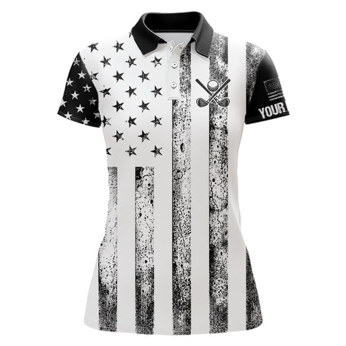 Personalized Black & White American Flag Retro Women golf polo shirts Custom Patriotic ladies golf top NQS9568