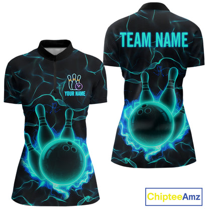Cyan Blue Flame Bowling Polo, Quarter Zip shirts For Women custom bowling team jerseys Bowler Outfits NQS10153