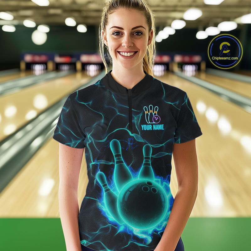 Cyan Blue Flame Bowling Polo, Quarter Zip shirts For Women custom bowling team jerseys Bowler Outfits NQS10153