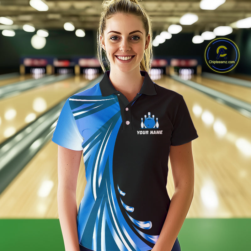Black and Blue Bowling Ball and Pins wings Bowling Shirts for Women Custom Team Bowling Jerseys NQS10490