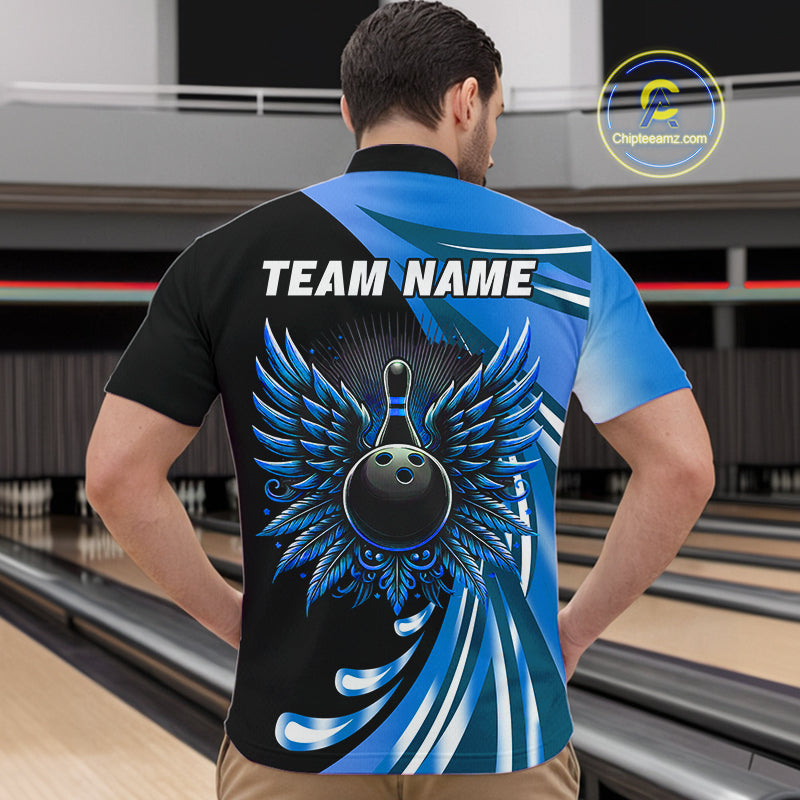 Black and Blue Bowling Ball and Pins wings Bowling Shirts for Men Custom Team Bowling Jerseys NQS10490