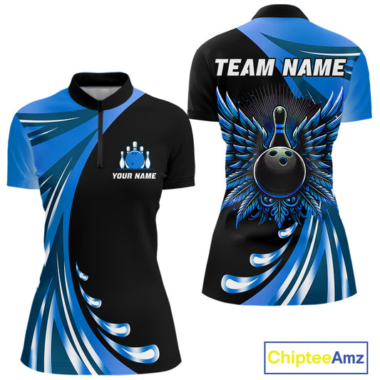 Black and Blue Bowling Ball and Pins wings Bowling Shirts for Women Custom Team Bowling Jerseys NQS10490