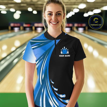 Black and Blue Bowling Ball and Pins wings Bowling Shirts for Women Custom Team Bowling Jerseys NQS10490