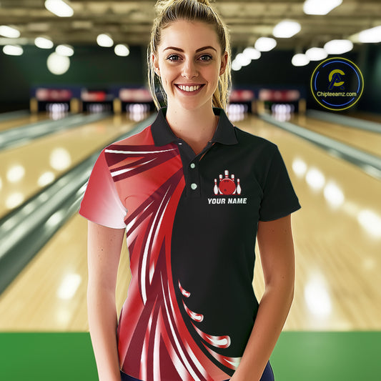 Black and Red Bowling Ball and Pins wings Bowling Shirts for Women Custom Team Bowling Jerseys NQS10491