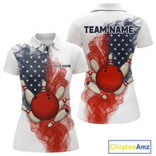 Load image into Gallery viewer, Custom Smoke American Flag White Bowling Shirts for Women Personalized Patriotic Team Bowling Jerseys NQS10495
