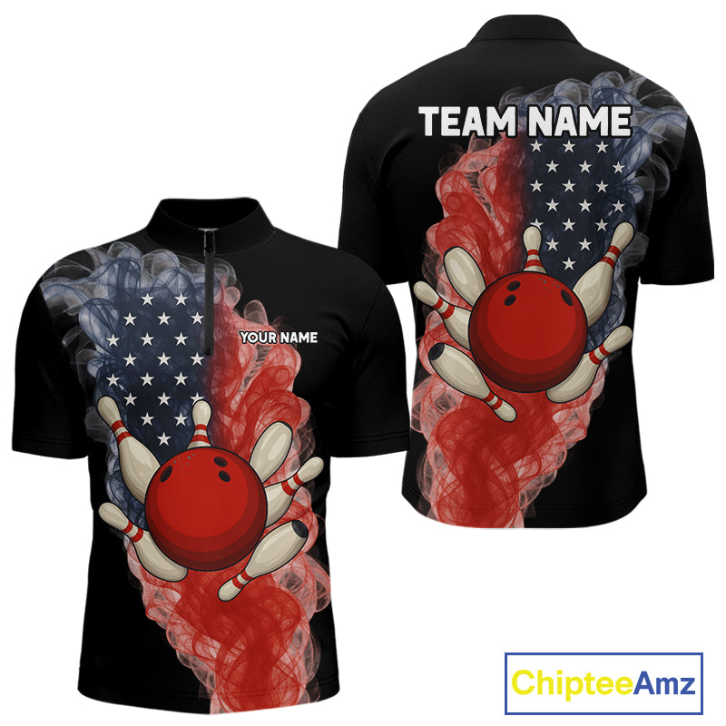 Custom Smoke American Flag Black Bowling Shirts for Men Personalized Patriotic Team Bowling Jerseys NQS10496