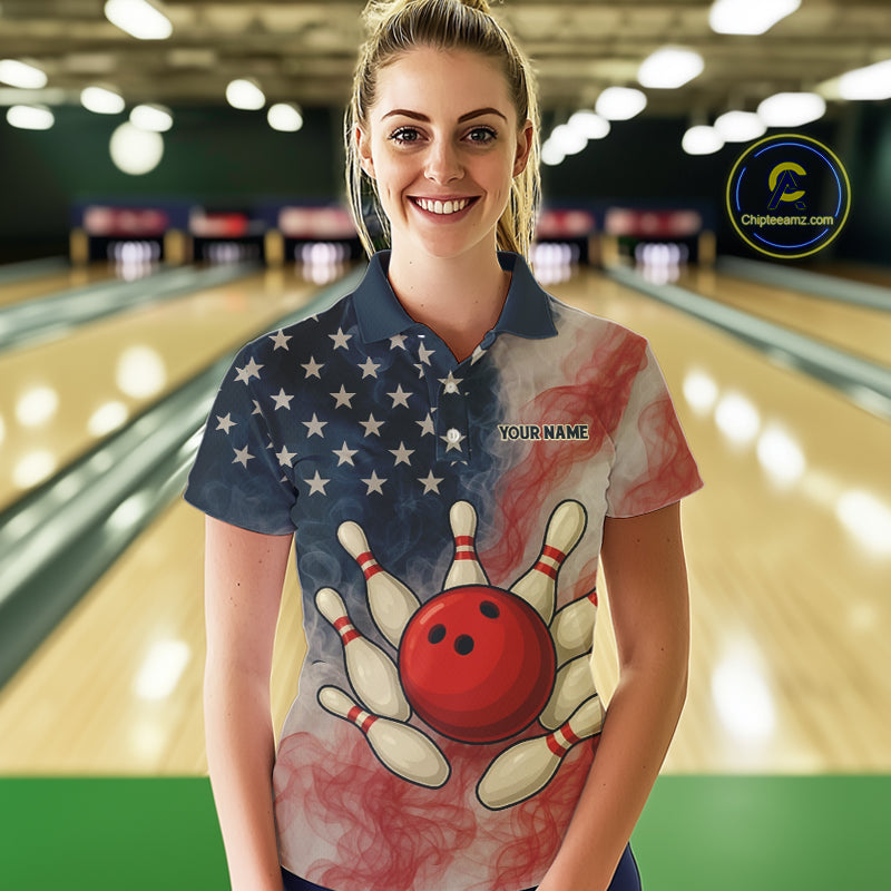 Personalized Smoke American Flag Bowling Shirts for Women Custom Patriotic Team Bowling Outfits NQS10498
