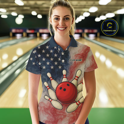 Personalized Smoke American Flag Bowling Shirts for Women Custom Patriotic Team Bowling Outfits NQS10498