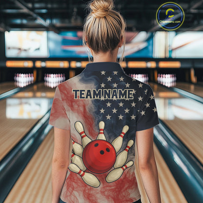 Personalized Smoke American Flag Bowling Shirts for Women Custom Patriotic Team Bowling Outfits NQS10498
