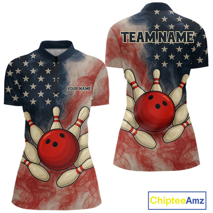 Personalized Smoke American Flag Bowling Shirts for Women Custom Patriotic Team Bowling Outfits NQS10498
