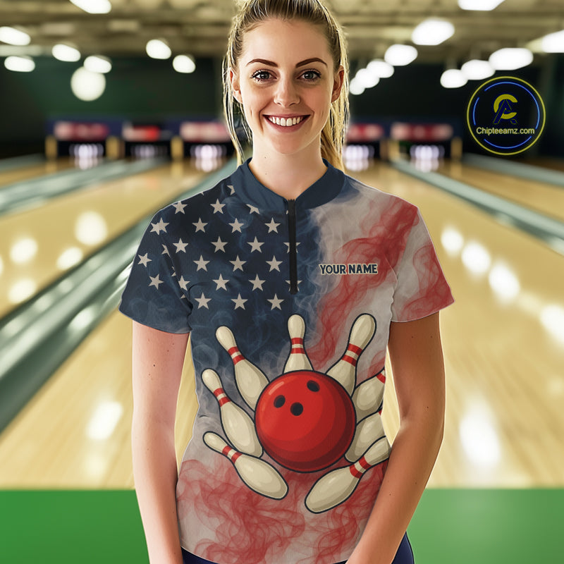 Personalized Smoke American Flag Bowling Shirts for Women Custom Patriotic Team Bowling Outfits NQS10498