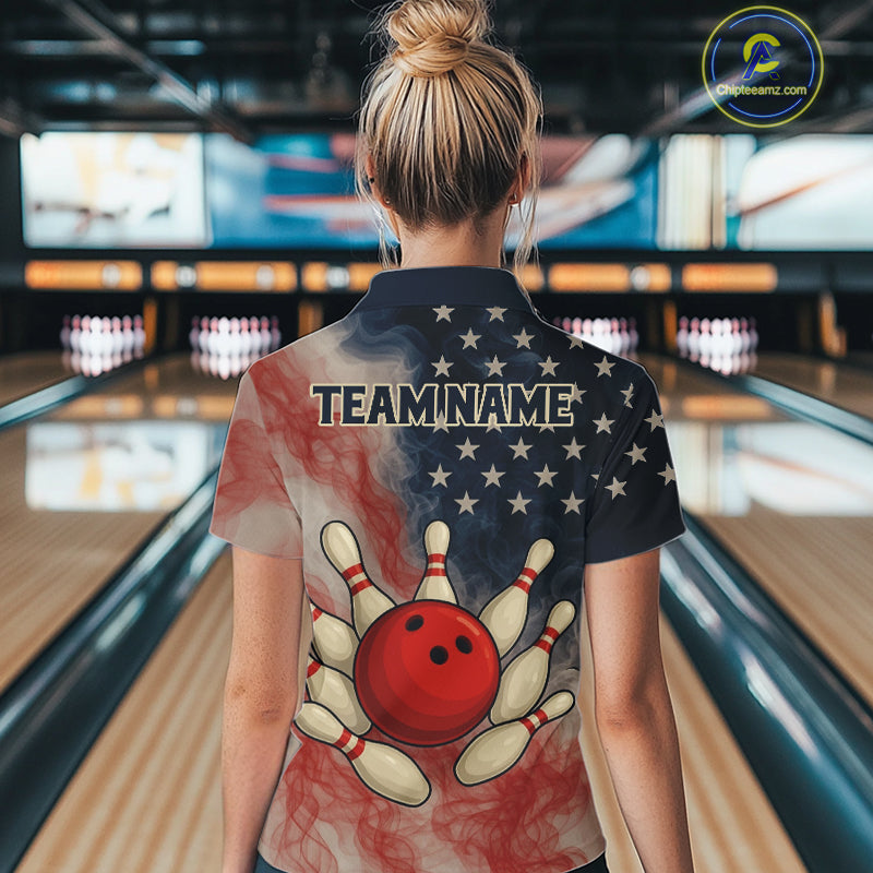 Personalized Smoke American Flag Bowling Shirts for Women Custom Patriotic Team Bowling Outfits NQS10498