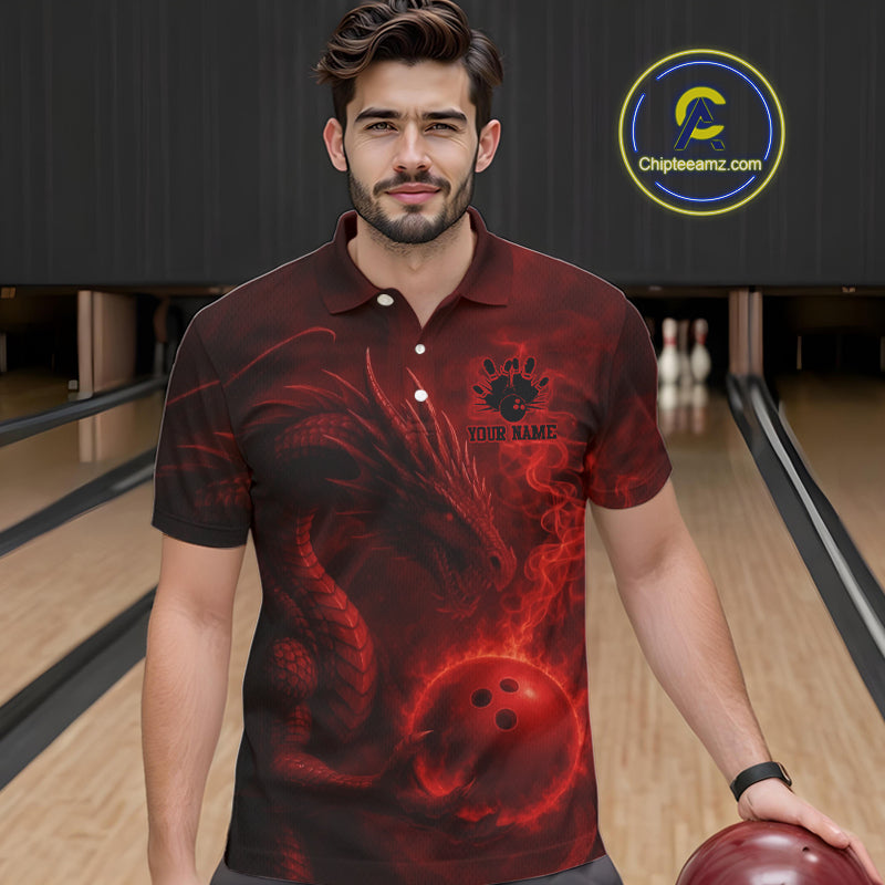 Red Flame Dragon Bowling Polo, 1/4 Zip Shirts For Men Custom Name Team Bowling League Jersey NQS11092
