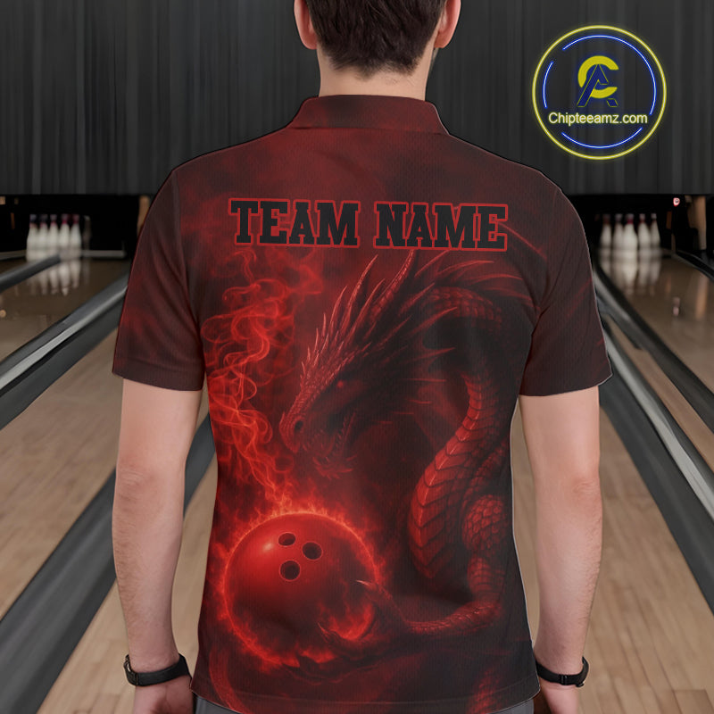 Red Flame Dragon Bowling Polo, 1/4 Zip Shirts For Men Custom Name Team Bowling League Jersey NQS11092