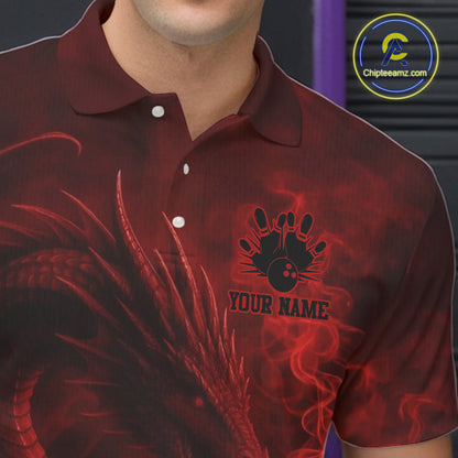 Red Flame Dragon Bowling Polo, 1/4 Zip Shirts For Men Custom Name Team Bowling League Jersey NQS11092